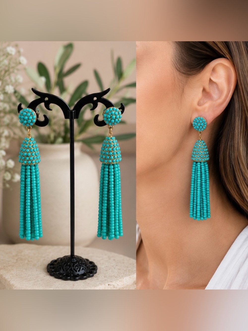 Boho Turquoise Seed beaded Tassel Fringe Dangle women’s Statement Earrings